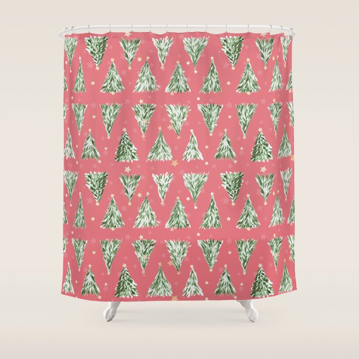 Holiday Christmas Tree Over Pink Watermelon Pattern Shower Curtain