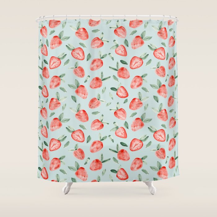 Watercolor Painting Of Tropical Strawberries On Light Greenish Blue Pattern Shower Curtain
