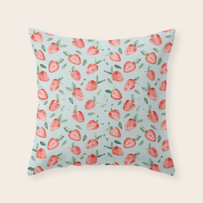 Watercolor Painting Of Tropical Strawberries On Light Greenish Blue Pattern Throw Pillow
