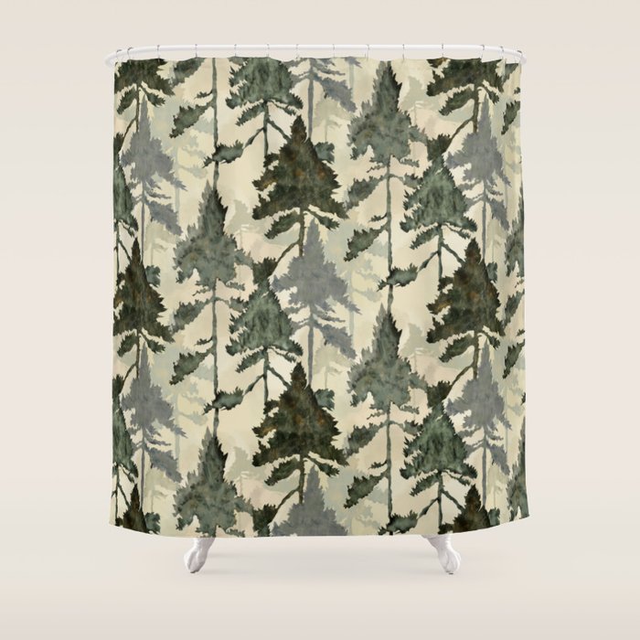 Enchanted Watercolor Pine Forest Shower Curtain