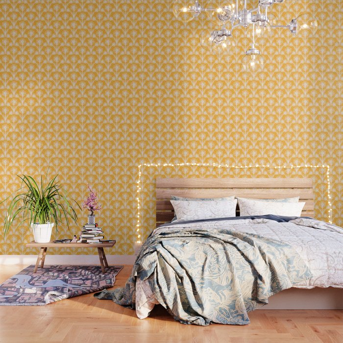 Retro White Fanned Floral Pattern - Yellow Background Wallpaper