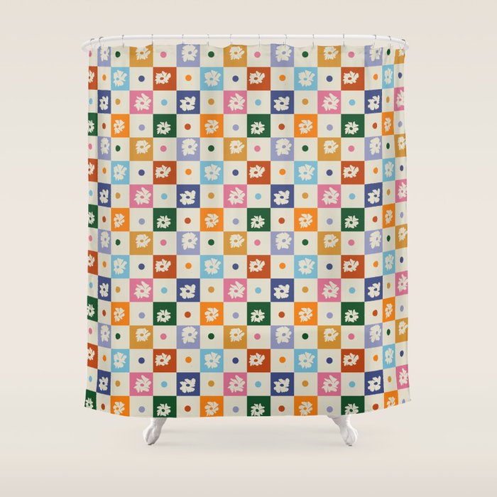 Retro Floral Checkerboard Shower Curtain
