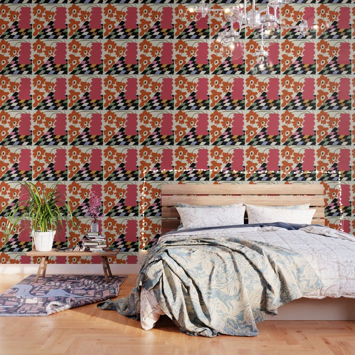 Color Checkerboard With Dropping Flower Wallpaper