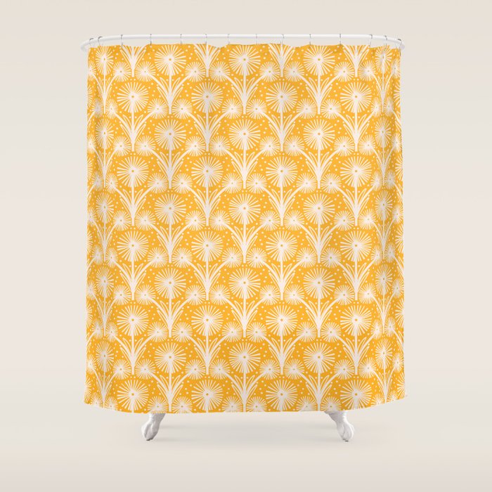 Retro White Fanned Floral Pattern - Yellow Background Shower Curtain