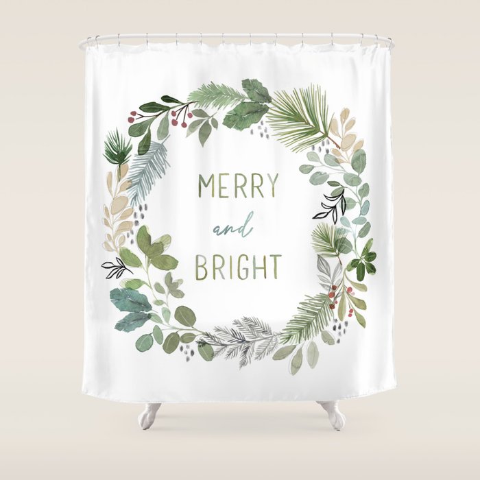 Merry & Bright Watercolor Wreath Shower Curtain
