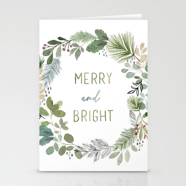 Merry & Bright Watercolor Wreath Stationery Card
