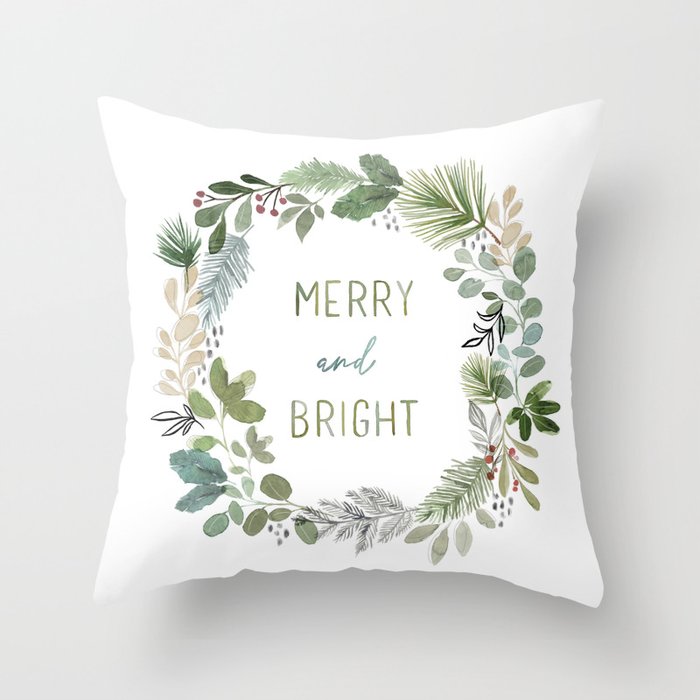 Merry & Bright Watercolor Wreath Throw Pillow