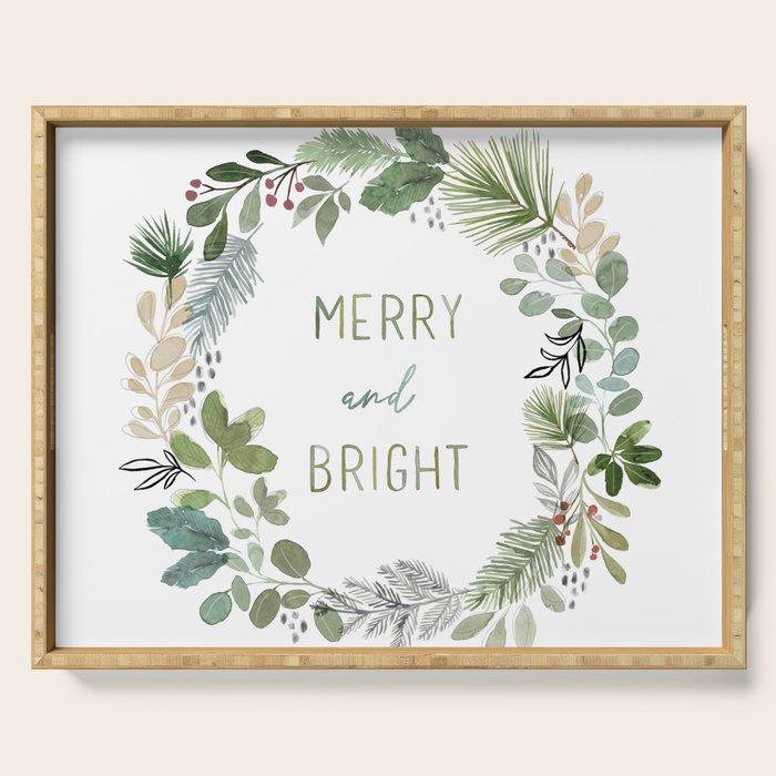 Merry & Bright Watercolor Wreath Serving Tray