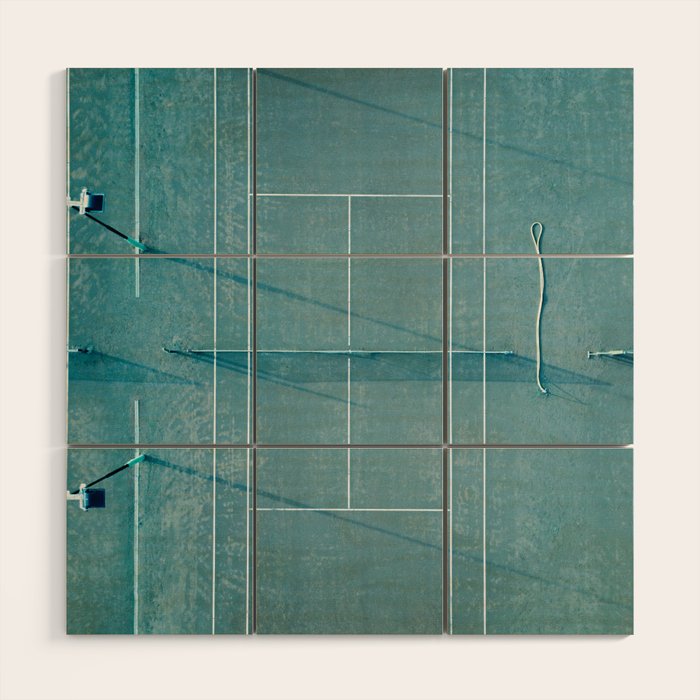 Blue Tennis Court At Sunrise | Colorful Drone Aerial Photography Art | Sports Field Print Wood Wall Art