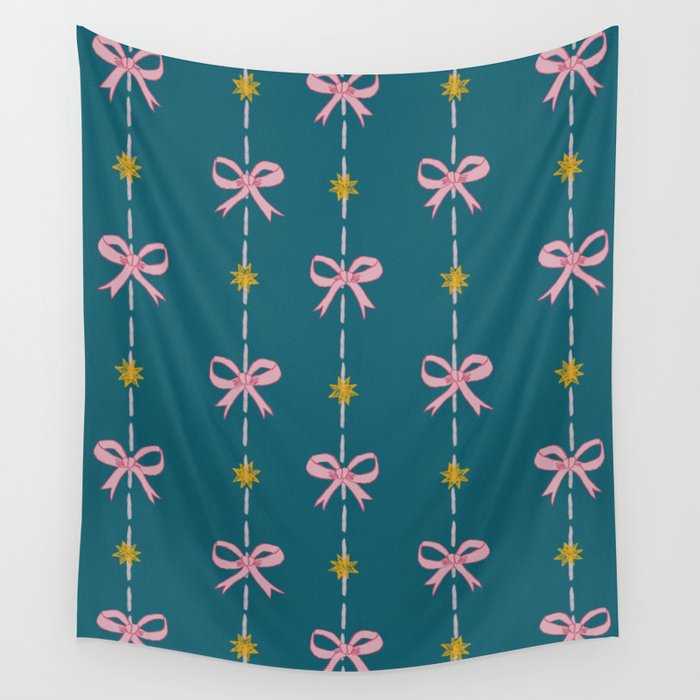 Cute Hair Bows & Stars In Teal & Pink Wall Tapestry