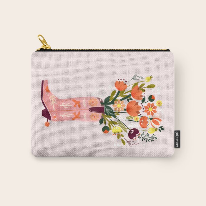 Pink Cowboy Boot And Wild Flower Bouquet Carry All Pouch