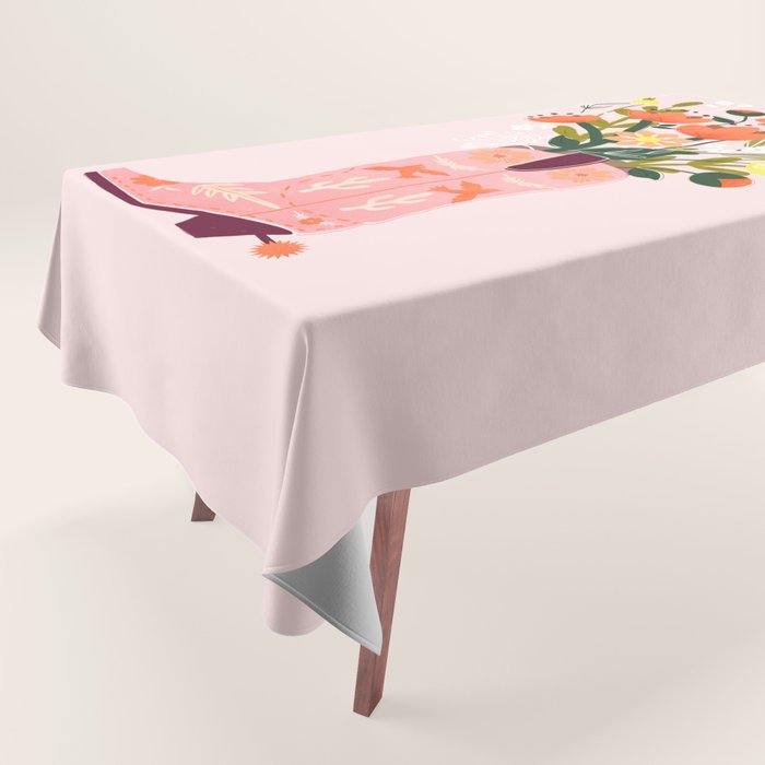 Pink Cowboy Boot And Wild Flower Bouquet Tablecloth
