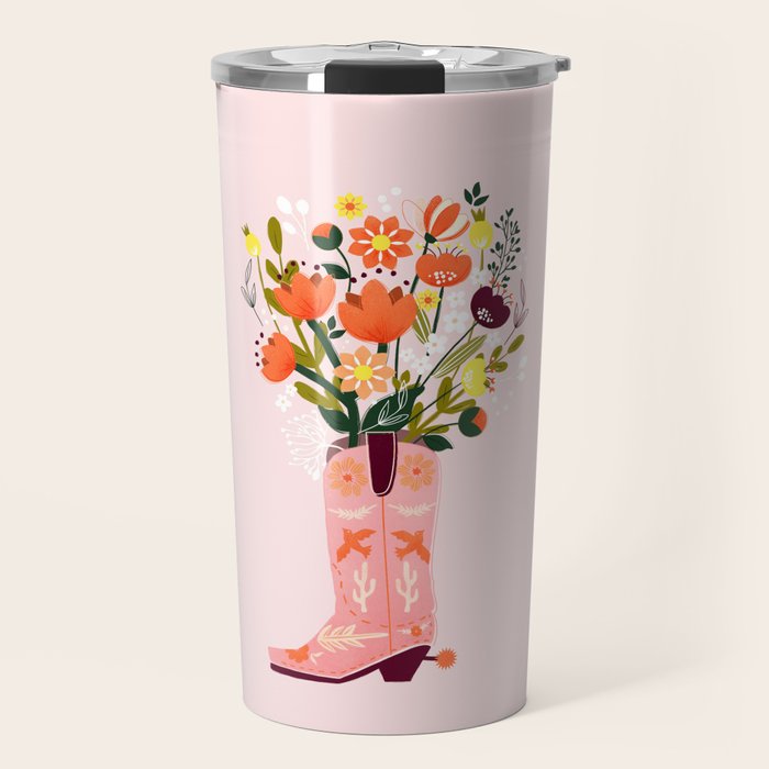 Pink Cowboy Boot And Wild Flower Bouquet Travel Mug