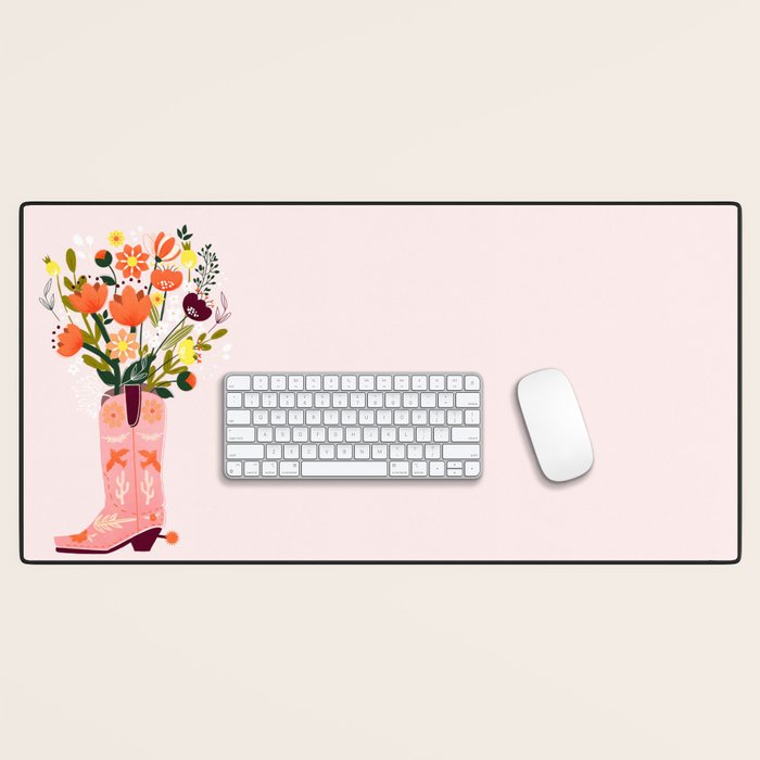 Pink Cowboy Boot And Wild Flower Bouquet Desk Mat