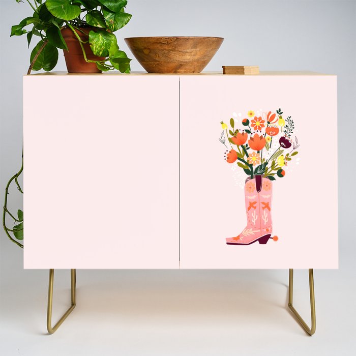 Pink Cowboy Boot And Wild Flower Bouquet Credenza