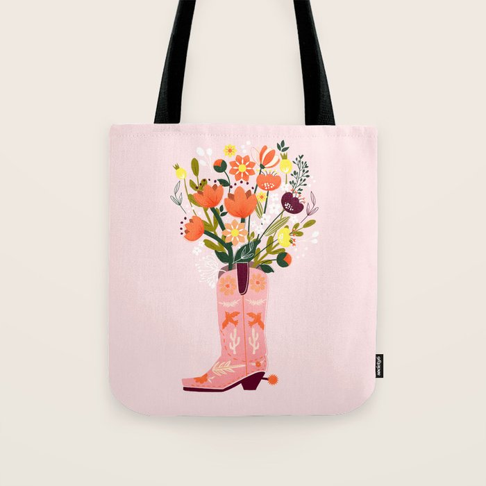 Pink Cowboy Boot And Wild Flower Bouquet Tote Bag