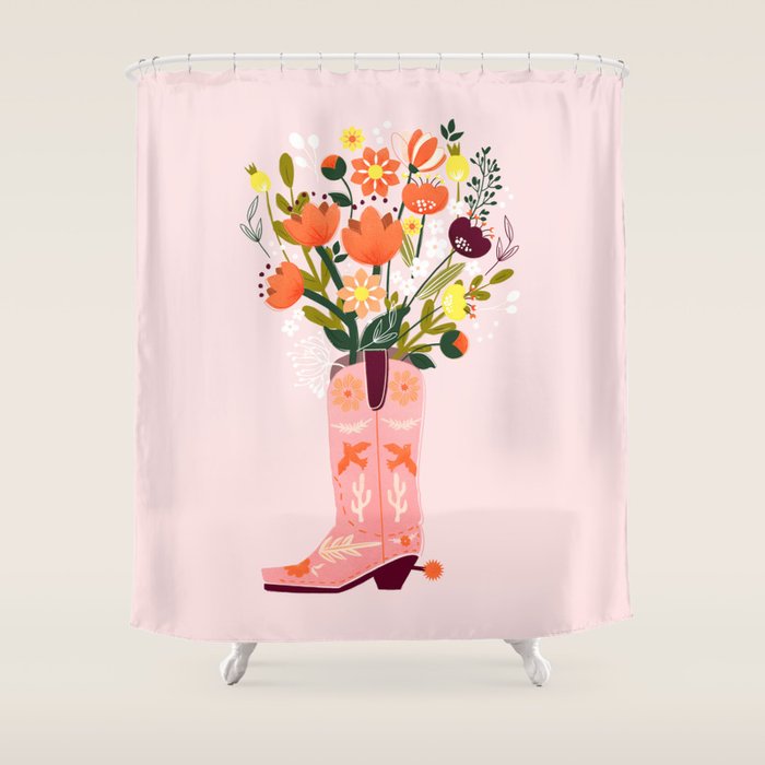 Pink Cowboy Boot And Wild Flower Bouquet Shower Curtain