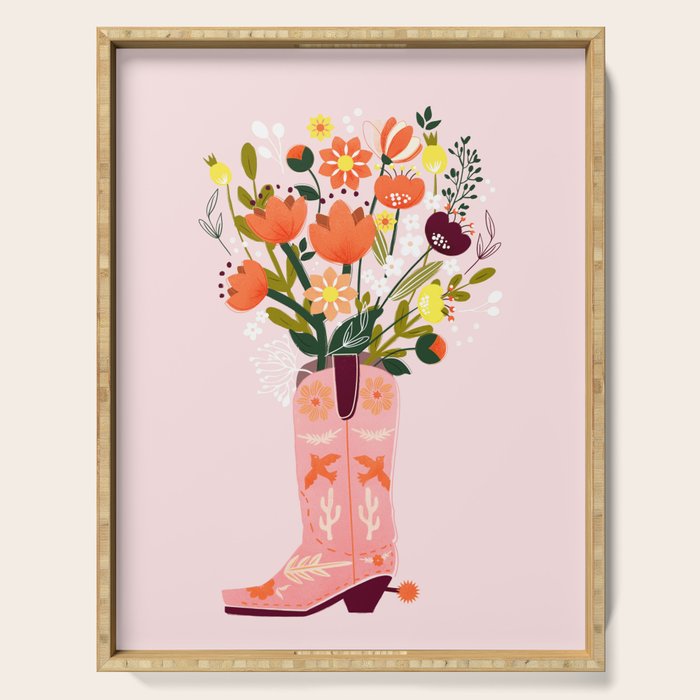 Pink Cowboy Boot And Wild Flower Bouquet Serving Tray