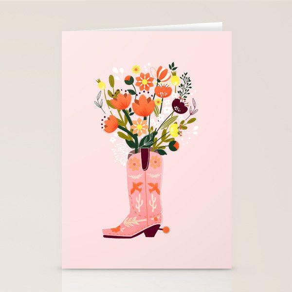 Pink Cowboy Boot And Wild Flower Bouquet Stationery Card
