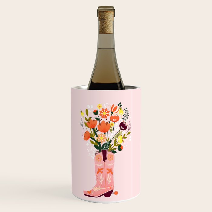 Pink Cowboy Boot And Wild Flower Bouquet Wine Chiller