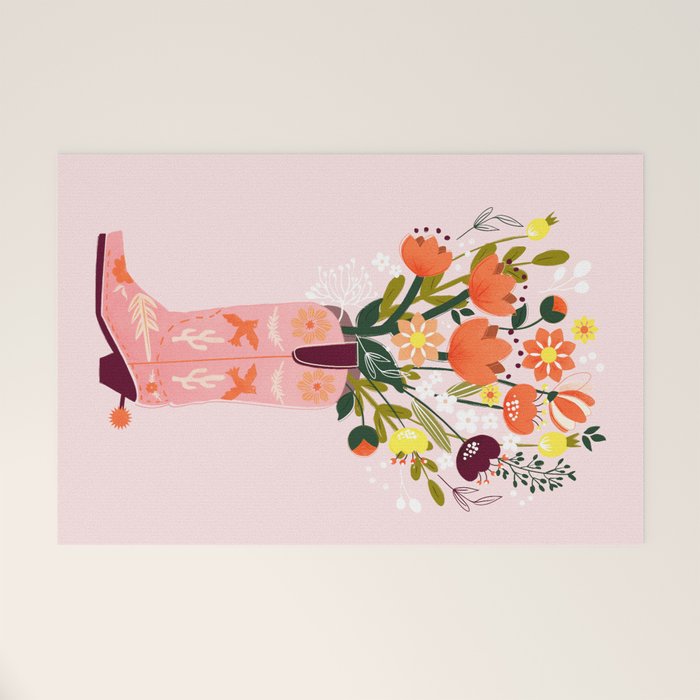 Pink Cowboy Boot And Wild Flower Bouquet Welcome Mat