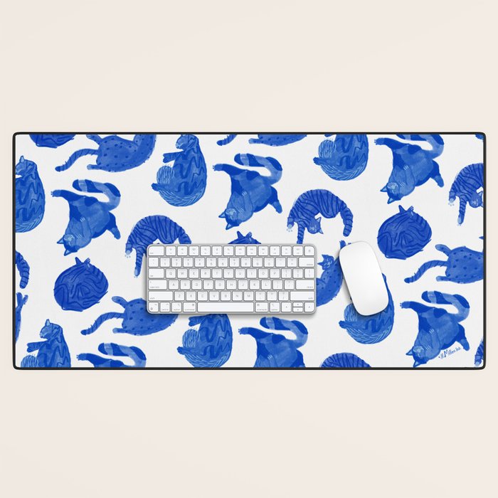 Sleepy Cozy Kitty Cats In Royal Blue & White Desk Mat