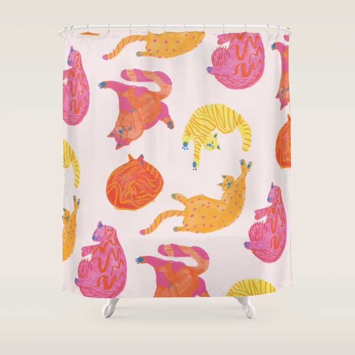 Sleepy Cozy Kitty Cats In Orange & Peach Shower Curtain