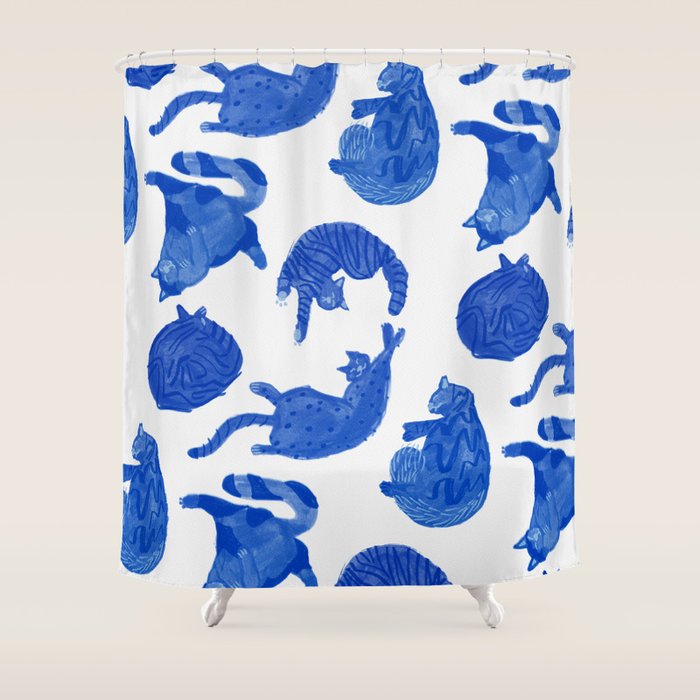 Sleepy Cozy Kitty Cats In Royal Blue & White Shower Curtain