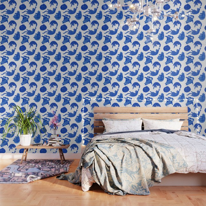 Sleepy Cozy Kitty Cats In Royal Blue & White Wallpaper