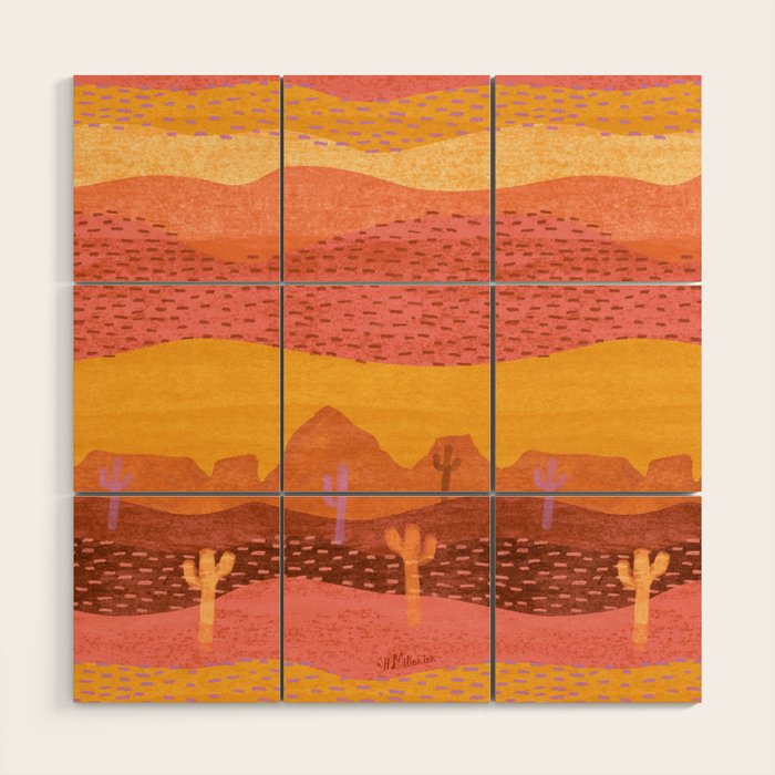 Vintage Western Desert Landscape In Golden Sunrise & Peach Wood Wall Art