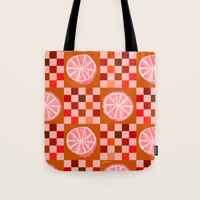 Checkered Sliced Citrus Fruit In Red & Peach Pink Tote Bag