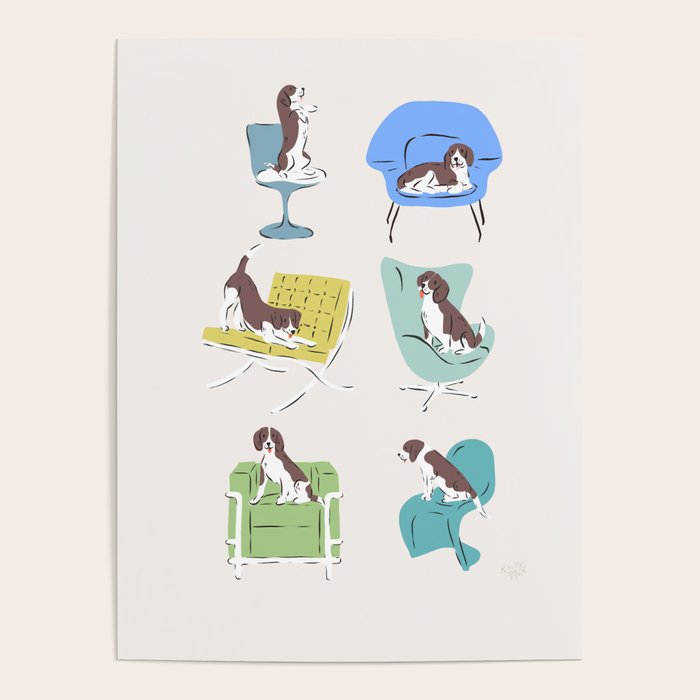 Mid-Century Modern Chairs With Beagle Dogs Poster