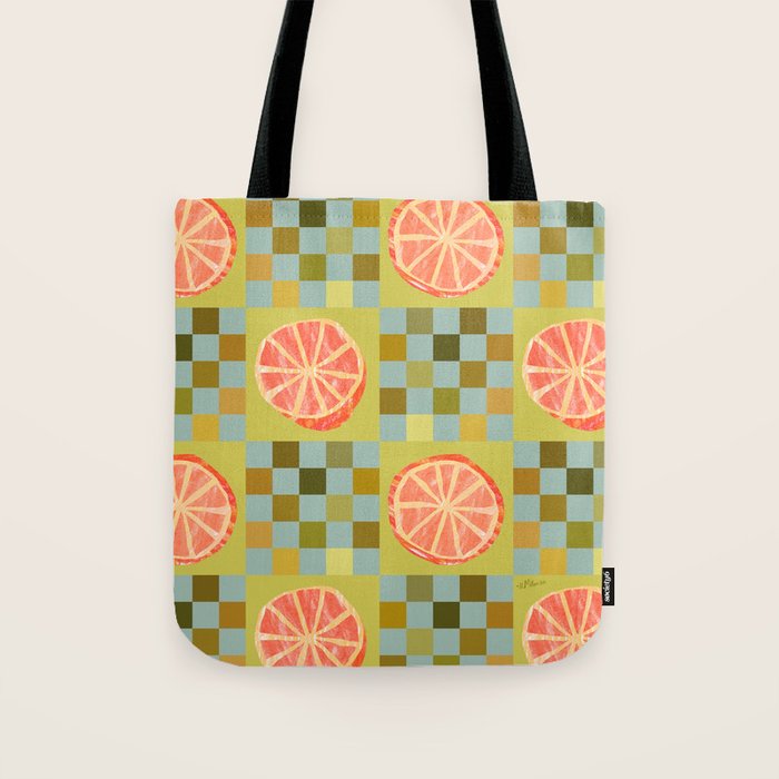 Checkered Citrus Fruit In Sage & Orange Tote Bag