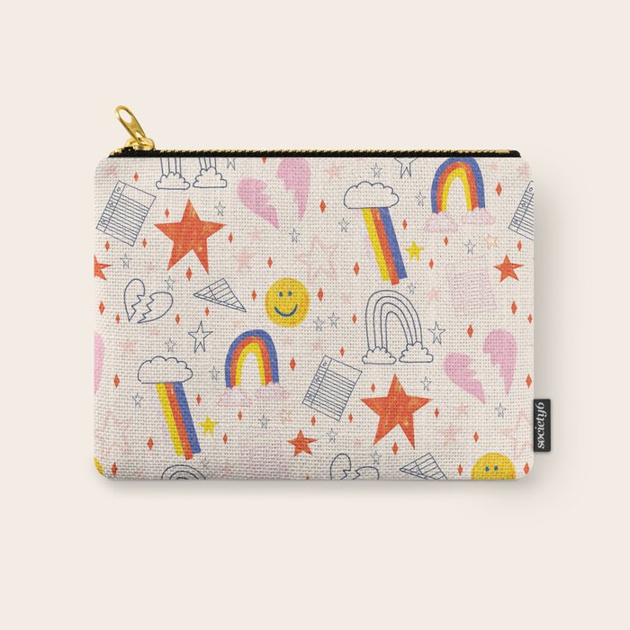 Happy Smiley Face & Retro Rainbows In Dusty Pink Carry All Pouch