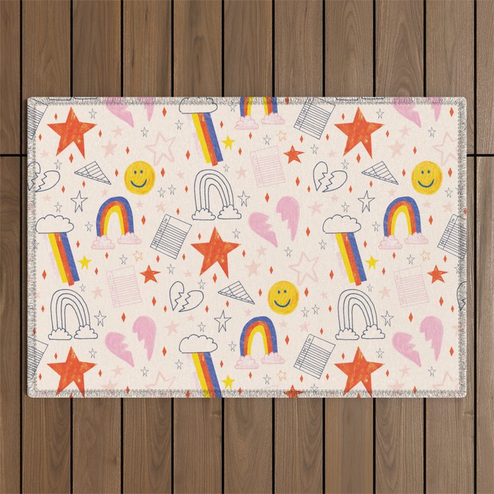 Happy Smiley Face & Retro Rainbows In Dusty Pink Outdoor Rug