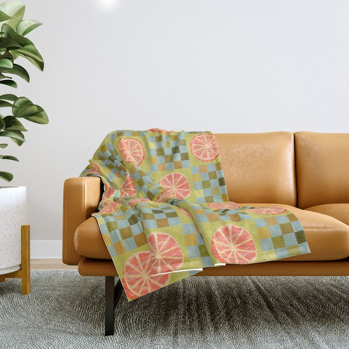 Checkered Citrus Fruit In Sage & Orange Throw Blanket
