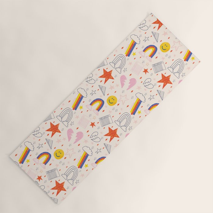 Happy Smiley Face & Retro Rainbows In Dusty Pink Yoga Mat