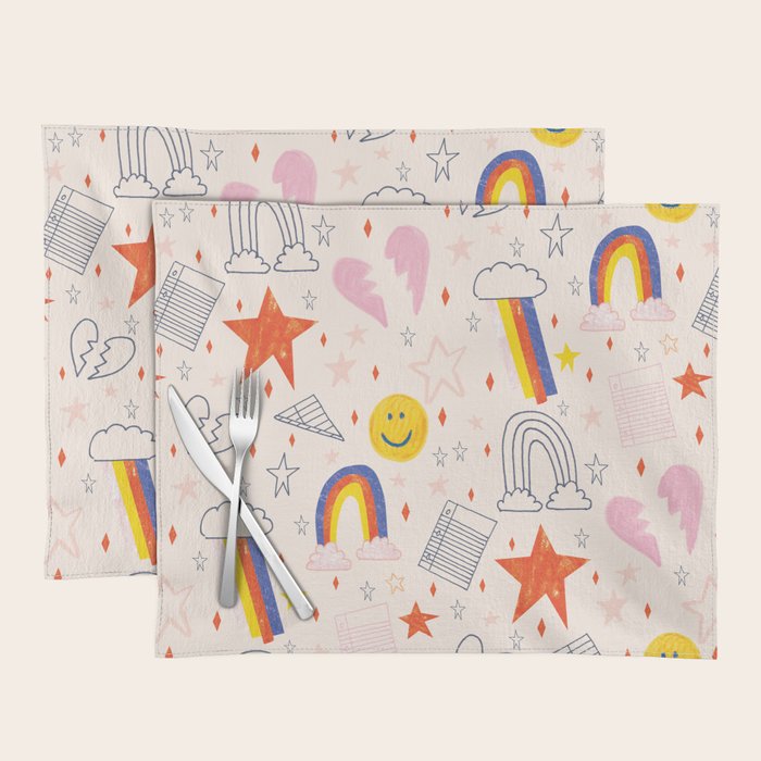 Happy Smiley Face & Retro Rainbows In Dusty Pink Placemat