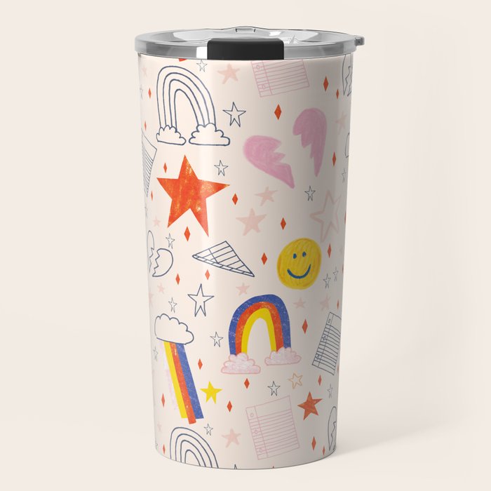 Happy Smiley Face & Retro Rainbows In Dusty Pink Travel Mug