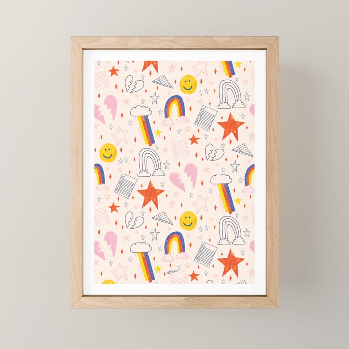 Happy Smiley Face & Retro Rainbows In Dusty Pink Mini Art Print