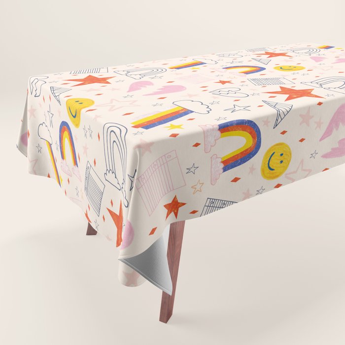 Happy Smiley Face & Retro Rainbows In Dusty Pink Tablecloth