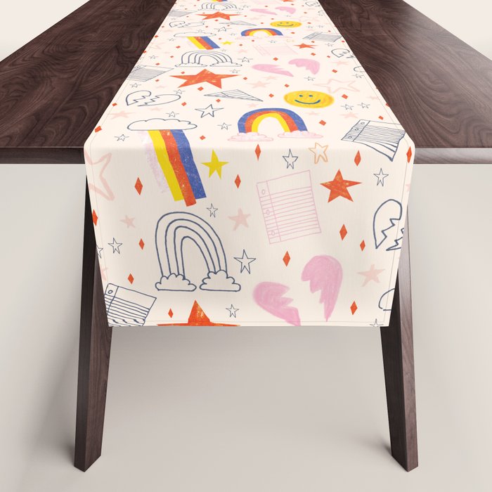 Happy Smiley Face & Retro Rainbows In Dusty Pink Table Runner