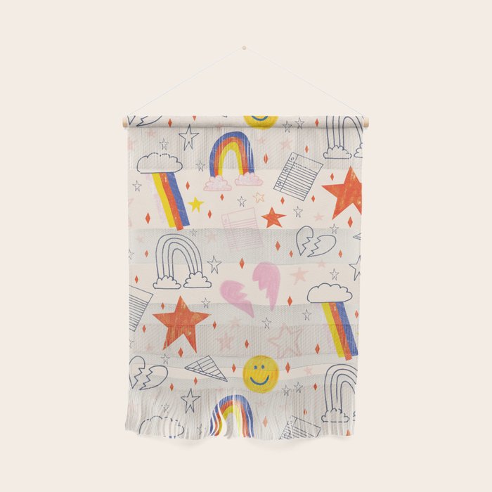 Happy Smiley Face & Retro Rainbows In Dusty Pink Wall Hanging