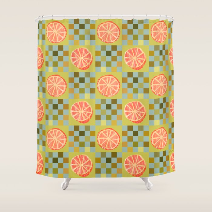 Checkered Citrus Fruit In Sage & Orange Shower Curtain