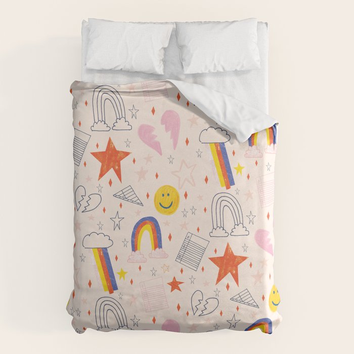 Happy Smiley Face & Retro Rainbows In Dusty Pink Duvet Cover