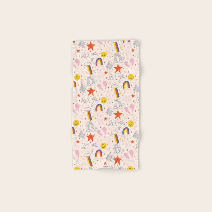 Happy Smiley Face & Retro Rainbows In Dusty Pink Bath Towel