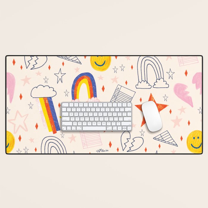 Happy Smiley Face & Retro Rainbows In Dusty Pink Desk Mat