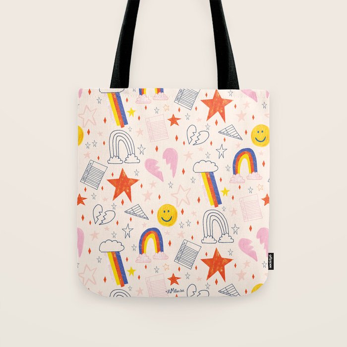 Happy Smiley Face & Retro Rainbows In Dusty Pink Tote Bag