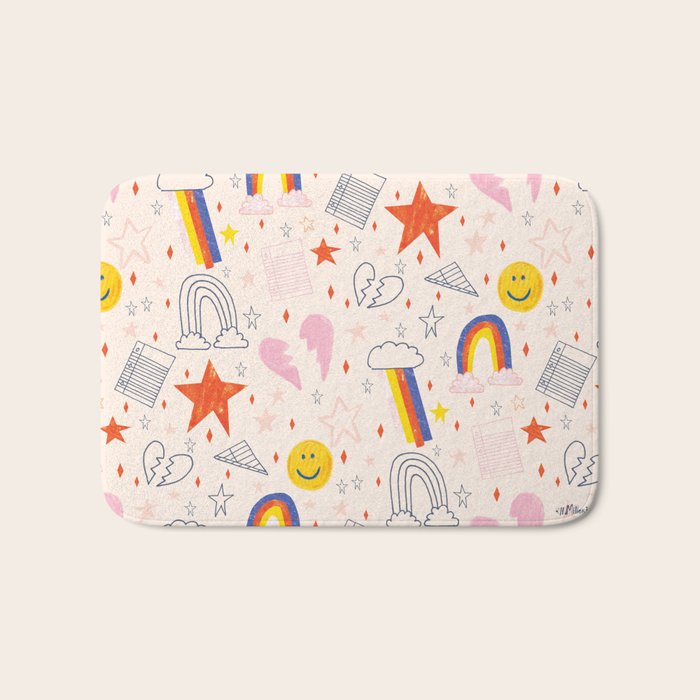 Happy Smiley Face & Retro Rainbows In Dusty Pink Bath Mat