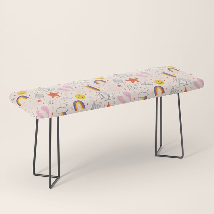 Happy Smiley Face & Retro Rainbows In Dusty Pink Bench